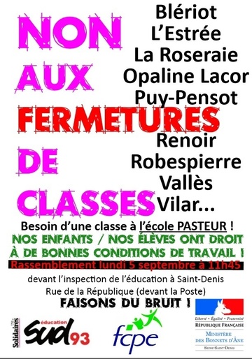 Non aux fermetures de classes dns les écoles à Saint-Denis !
