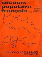 Affiche générique de la fédération de Lyon reproduisant un dessin offert par Jean Cocteau au Secours populaire français à la fin des années 1950.
